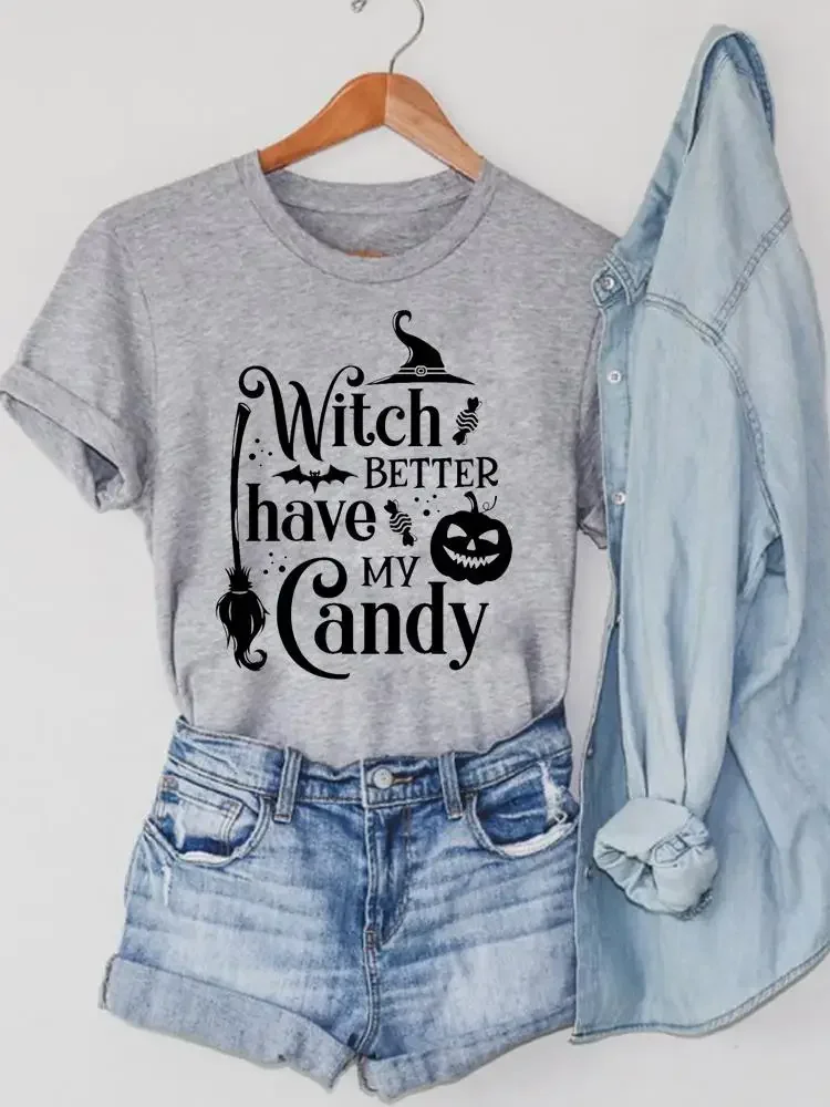 2024 Halloween Women T Shirt Fall Autumn O-neck Clothing Wine Witch Trend Cute Thanksgiving Print Top Lady Graphic Tee T-shirt