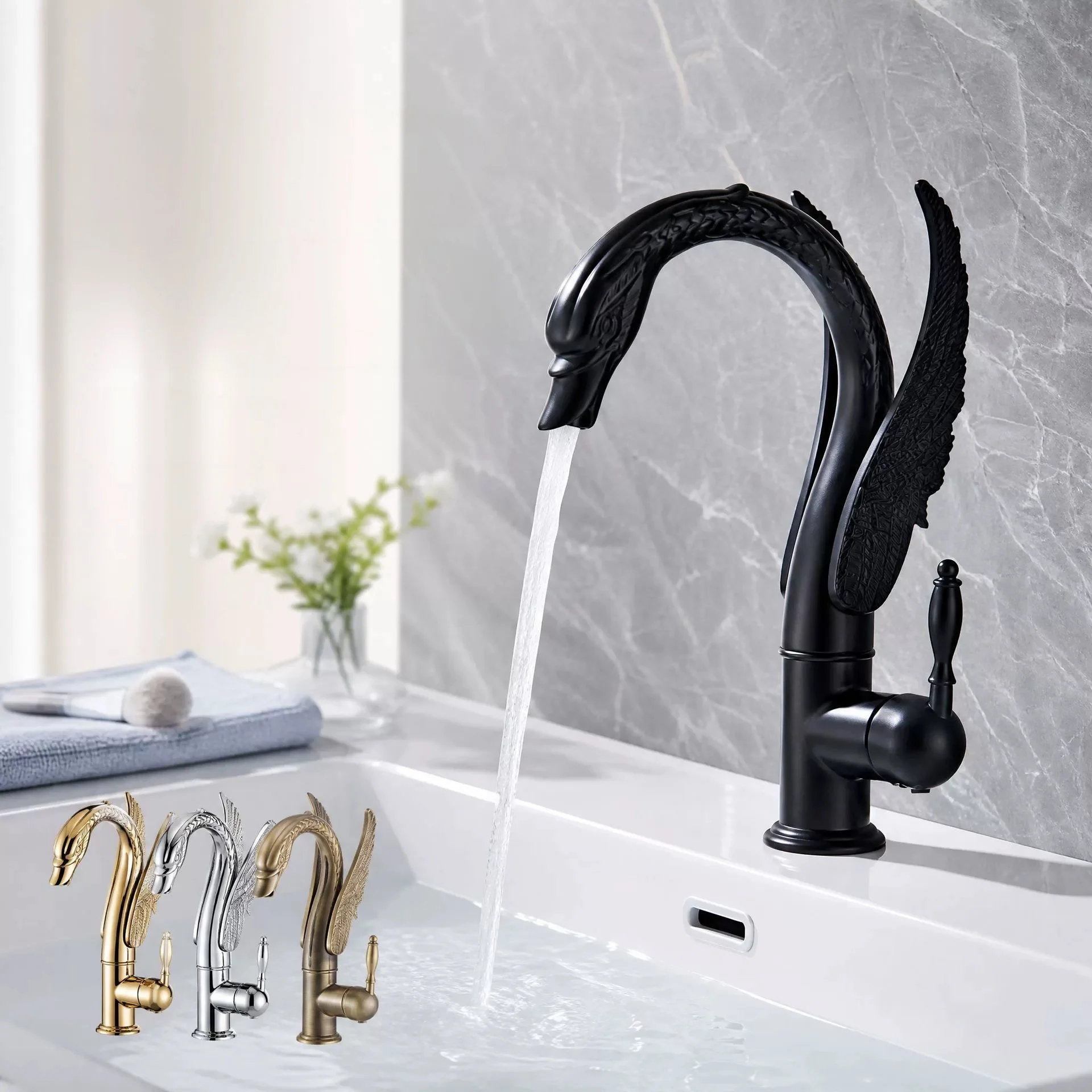 Tuqiu Black Swan Bathroom Faucet Antique Brass Basin Faucet Mixer Tap Gold Wash basin Hot and Cold Waterfall