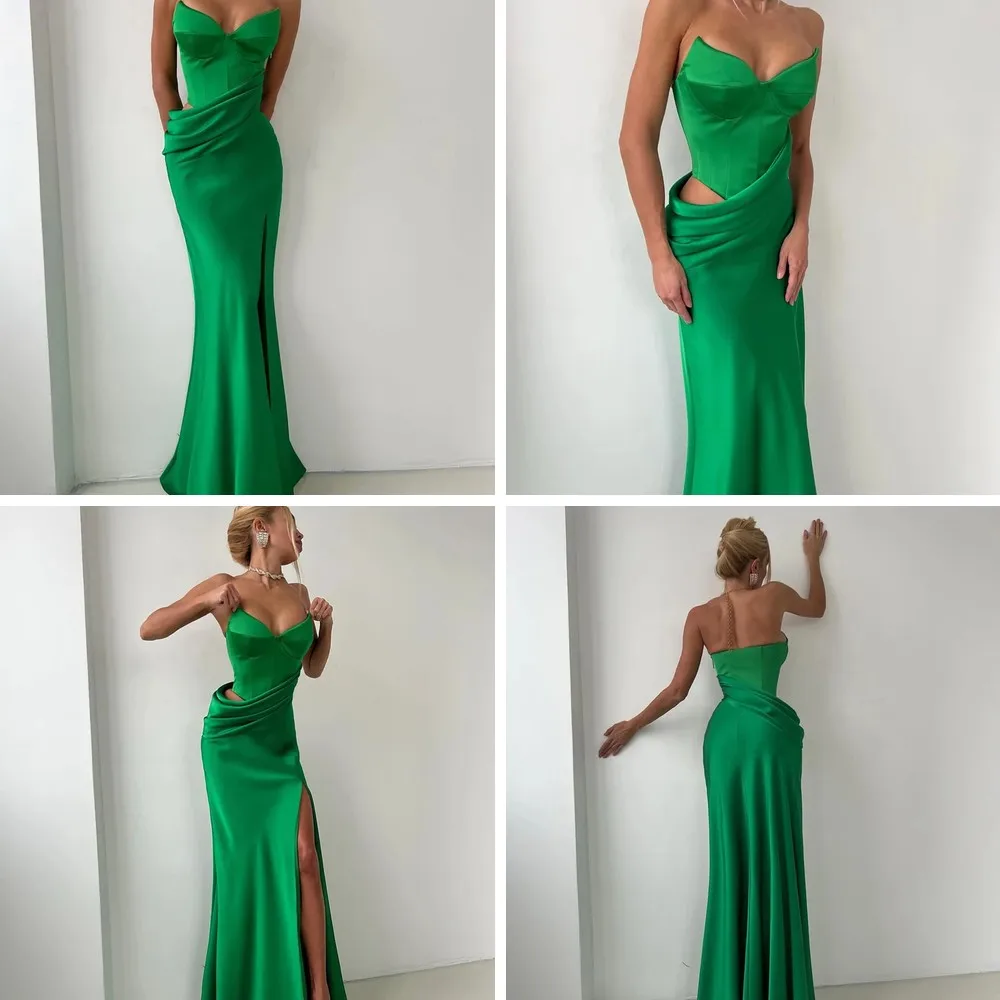 

Sexy Strapless Satin Evening Dress with Sweetheart Neck & High Slit, Women's Hollow Out Long Gown for Dinner Party