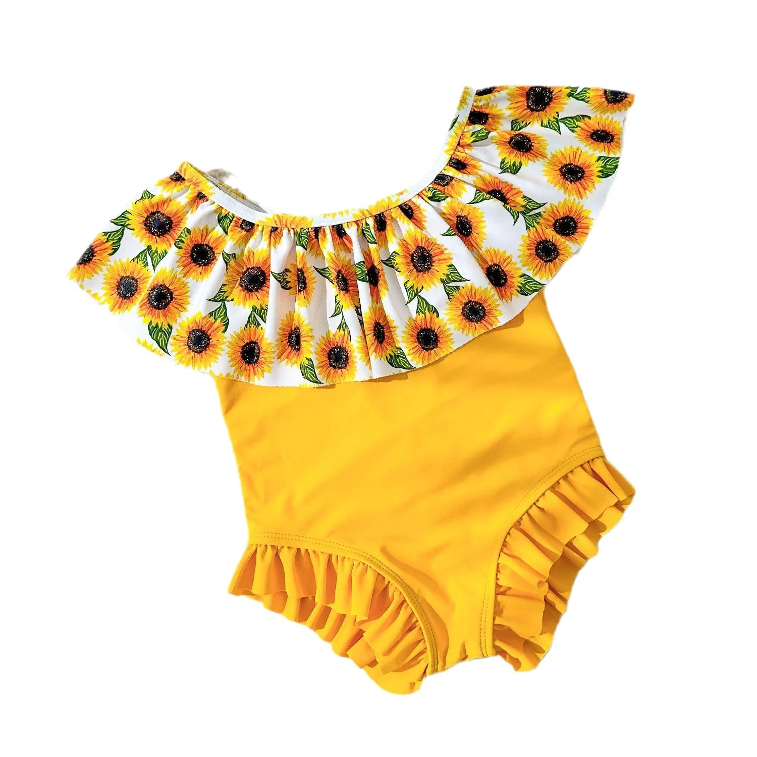 Nieuw Baby Zonnebloem Badpak Met Schouderriem En Bladrand Driehoekige Wading Sportkleding Voor Meisjes Zwemmen Surfen Badkleding