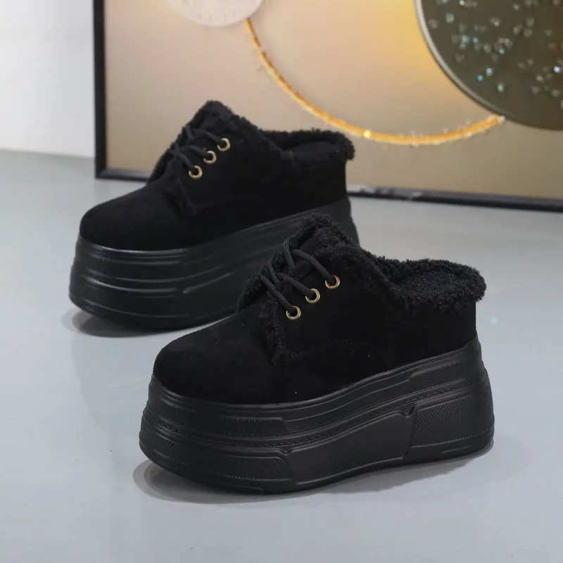 New 10cm Women Platform Fur Slippers Suede Mules Shoes Winter 2026 Trend Casual Snow Boots Short Plush Warm Cotton Shoes