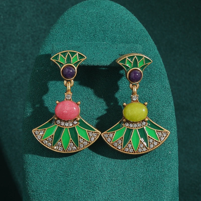 Korean Style Fan Shaped Enamel Green Glass Vintage Pendientes Cute Earrings Earings for Women Antique Jewelry New Arrival 2024