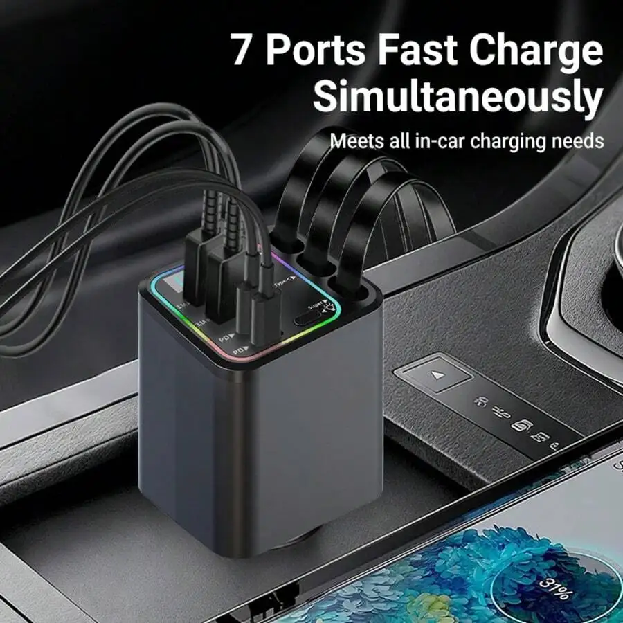 

120W 7-Port Car Charger With 3 Retractable Type-C Cables Fast Charging For Multiple Devices