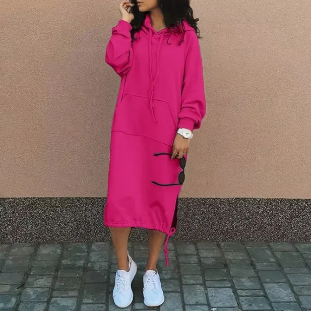 Damen locker geschnittenes, lässiges, mehrfarbiges Hoodie-Kleid mit langen Ärmeln, Kordelzug, Tasche und seitlichem Schlitz für den Alltag und zum Entspannen. – Detail 12