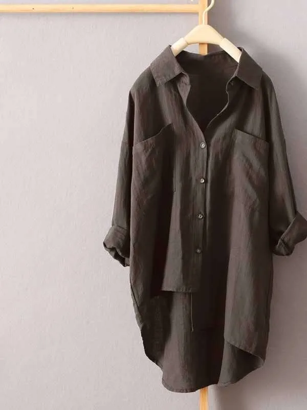 

Женская однотонная рубашка на весну-осень, повседневная, свободного кроя, с длинным рукавом, воротником и двумя карманами, универсальный модный топ