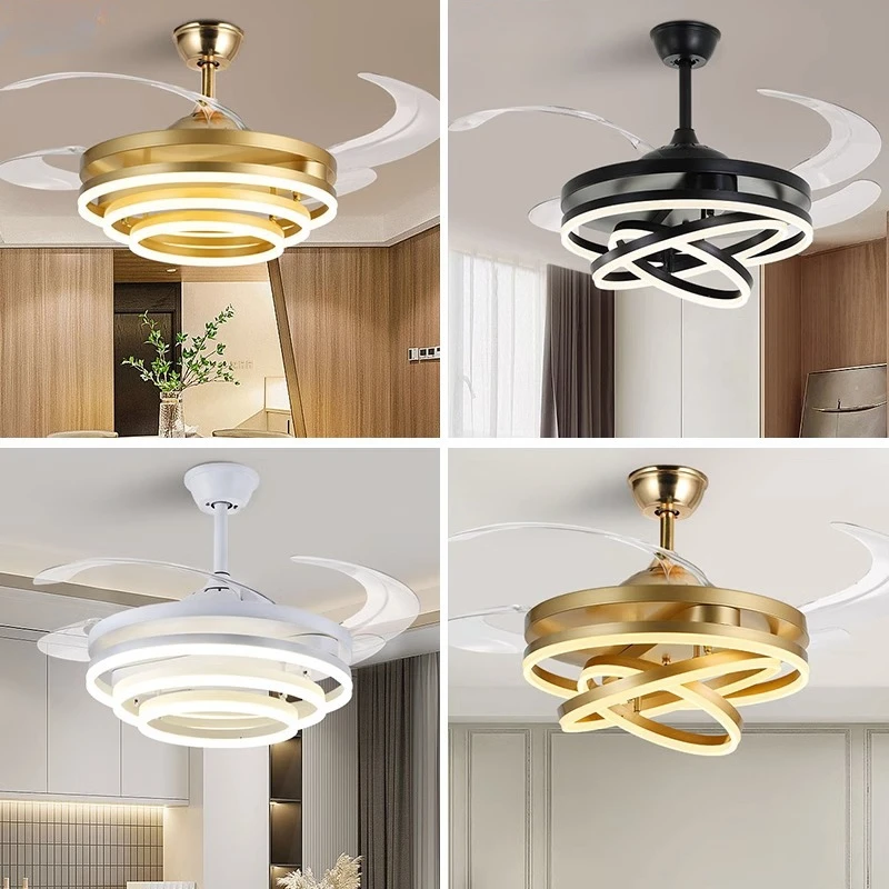 Modern Ceiling LED Light Fans Intelligent Ceiling Fan with 4 Retractable Blades with RC Dimmable for Living Dining Table Room