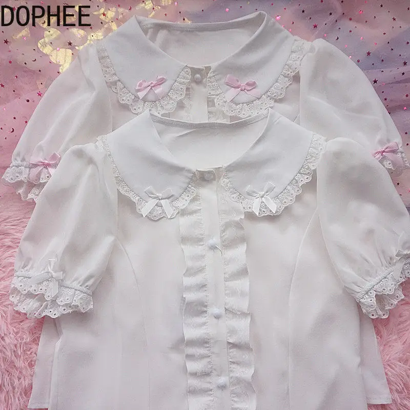 Japanese New Spring Summer Cute Bow Peter Pan Collar Short Sleeve Students Blouses Lolita Tops Elegant Lace Ruffles Sweet Shirts