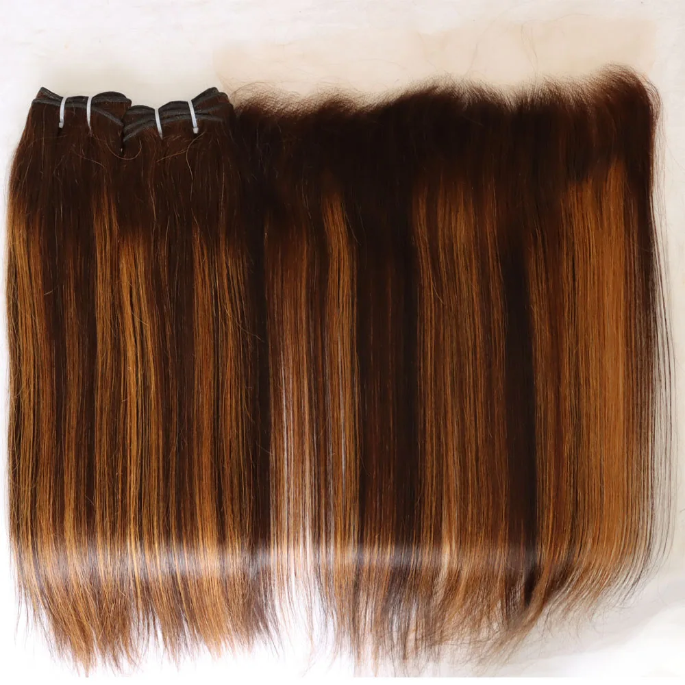 الجملة البرازيلي الإنسان عذراء الشعر لحمة حزم مستقيمة مع تسليط الضوء الأمامي إغلاق الدانتيل # 2 بني # 30 أشقر