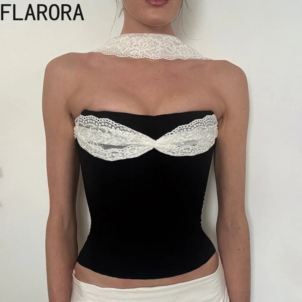 

FLARORA Sweet Lace Patchwork Tank Tops Woman Halter Off Shoulder Backless Slim Crop Top Hottie Y2k Street Camisole Summer New