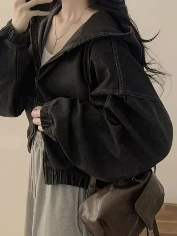 

Женская короткая джинсовая куртка, свободная повседневная модная осенняя толстовка с капюшоном на молнии в стиле ретро, верхняя одежда, универсальная верхняя одежда