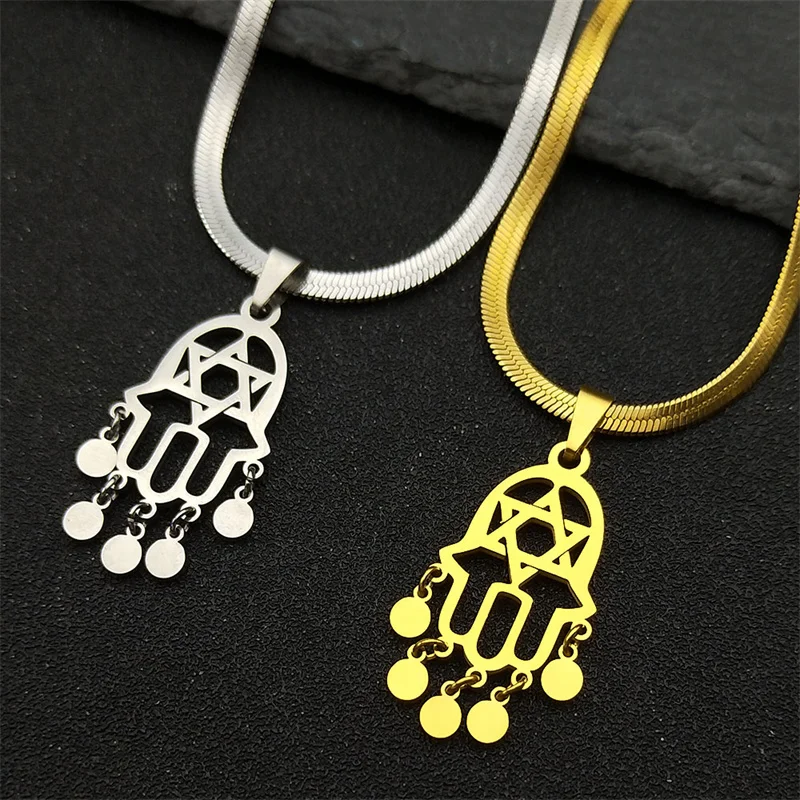 

Fatim's Hand Tassel Hexagram Pendant Necklace for Women Men Stainless Steel Gold Silver Color Fashion Chain Jewelry Gifts