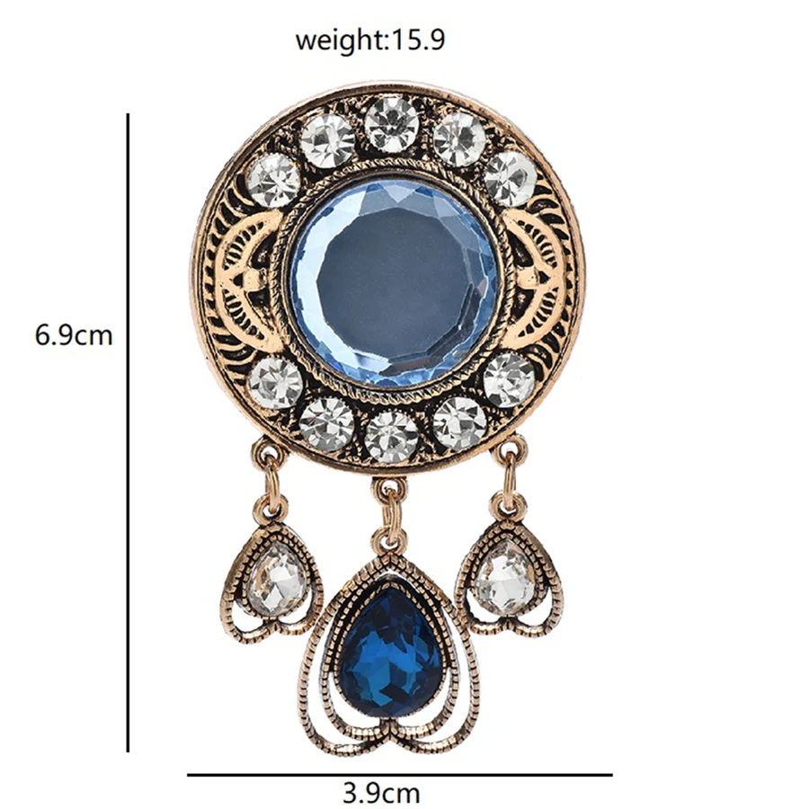 Vintage Blue Crystal Round Palace Brooch Pin Heart Tassel Women Jewelry Gift 2025 Fashion Accessory