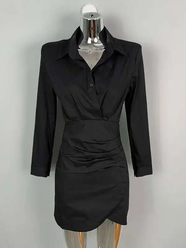 WOMENGAGA Korea Schlank Schulter Polsterung Sexy Taille Schließen Feminine Gefaltetes Hemd Hüfte Gewickelt Kleid Weibliche Kleid Elegante W05U