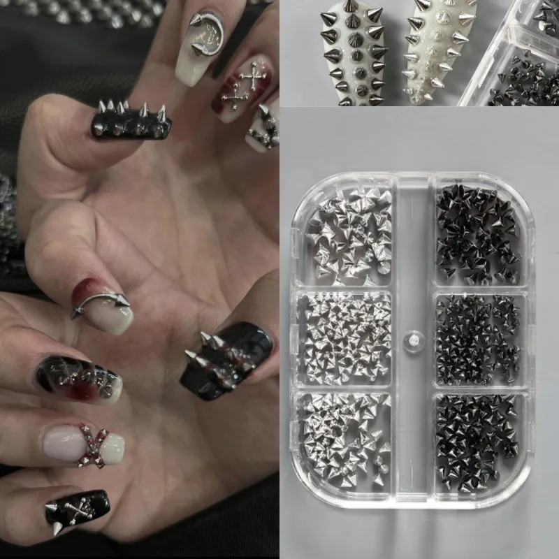 6 Grids Y2K Punk Metal Rivet Nail Charms Cone Mixed Sized Black Silver Gold Nail Art Studs 3D Stylish Alloy Spike Nails tool