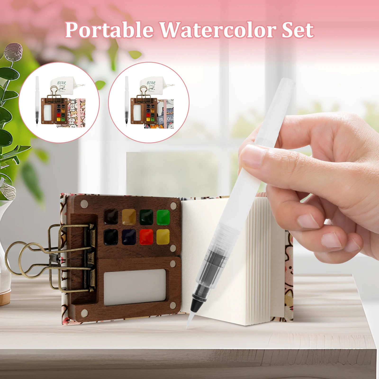 Portable Watercolor Palette with Watercolor Sketchbook Compact Pocket Watercolour Set 8 Grid Mini Watercolor Paint Set Wood