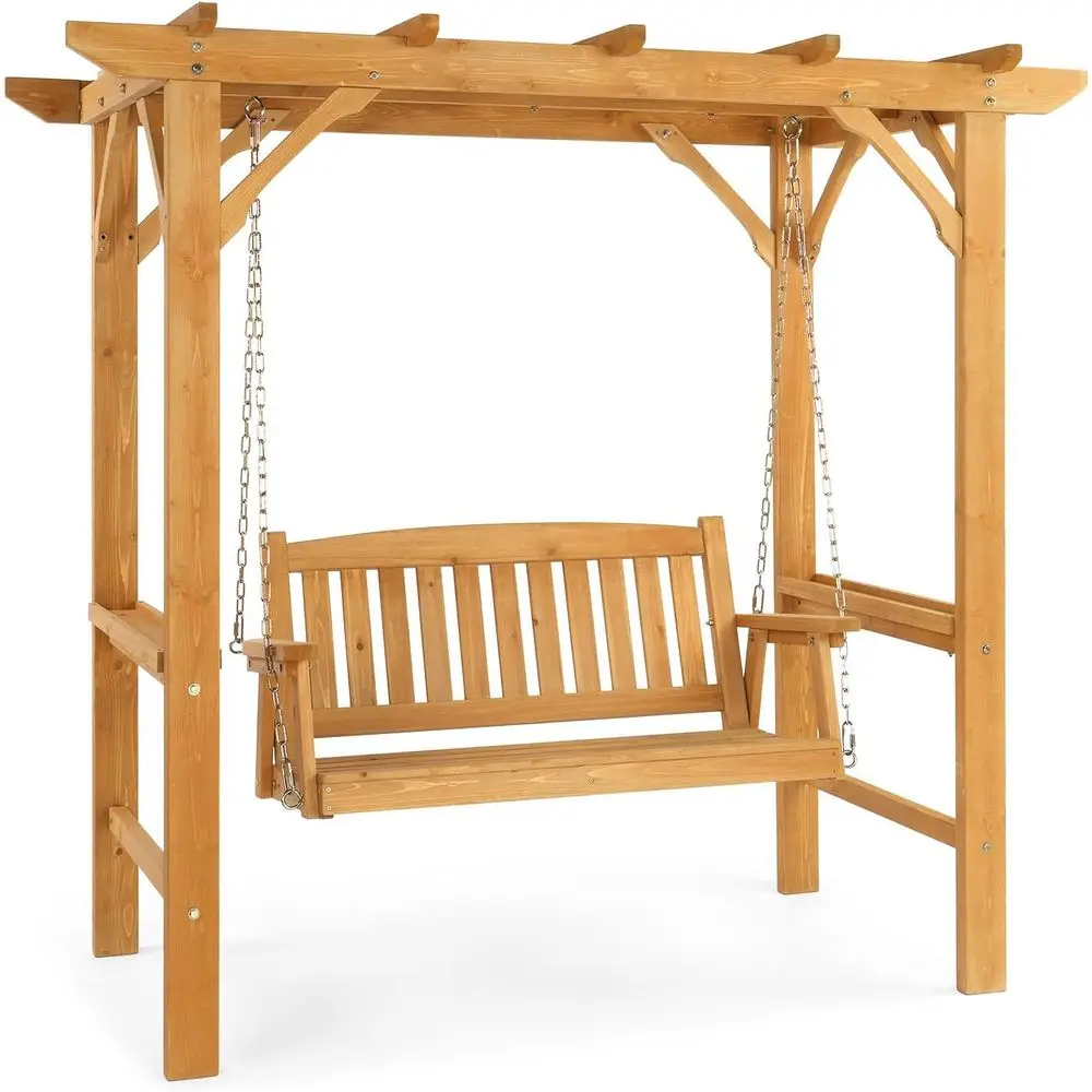 

4-Seat Heavy-Duty Wooden Porch Swing with Archway Stand - Waterproof Outdoor Swing Set for Patio and Garden