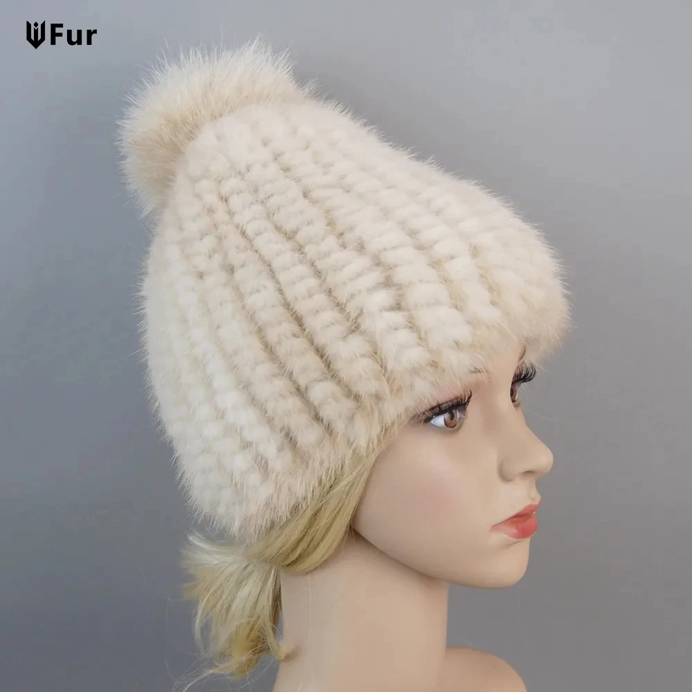 2026 New Lovely Real Mink Fur Hat Women Winter Knitted Real Mink Fur Beanies Hats Fox Fur Pom Poms Thick Warm Real Mink Fur Cap