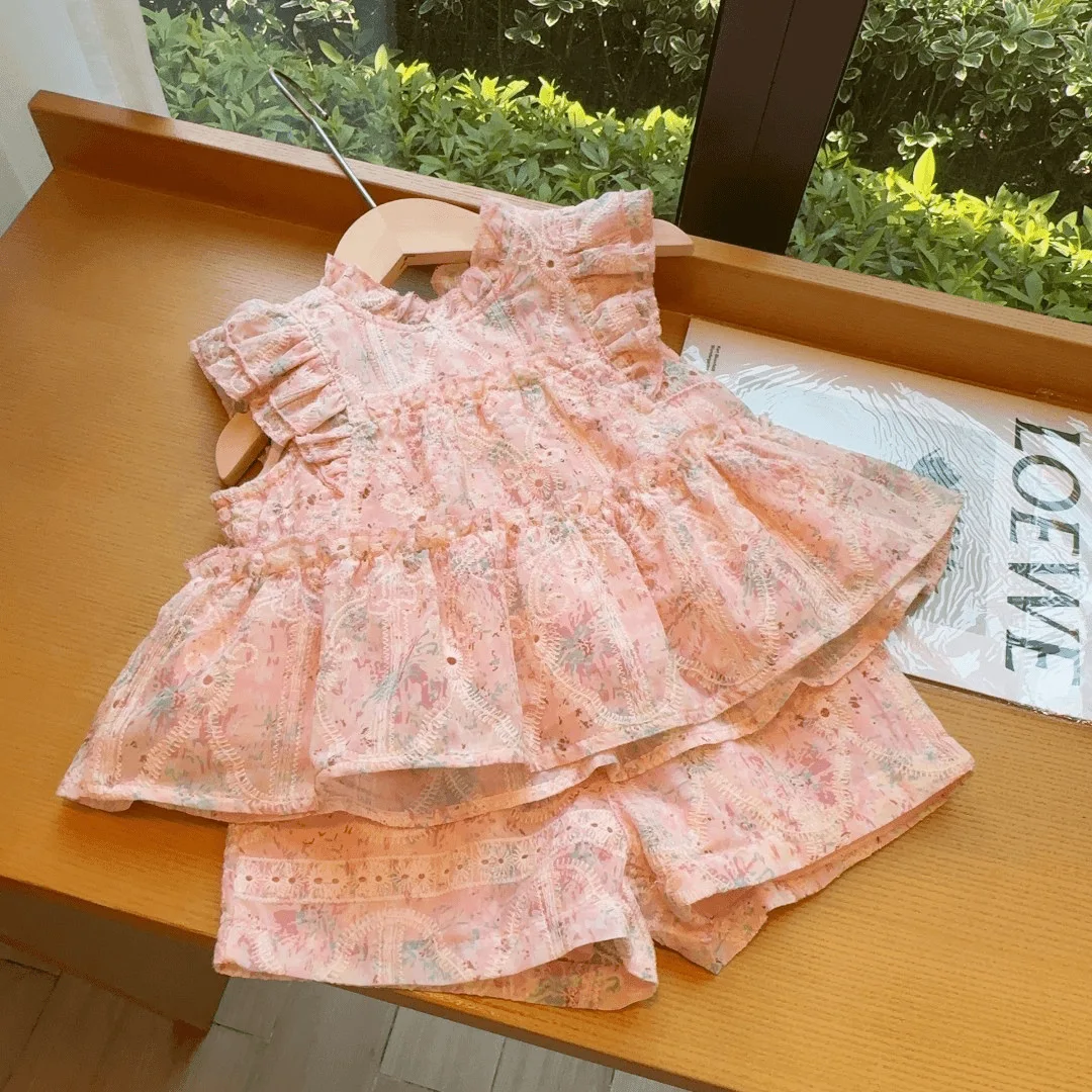 

Childrens Sets New Girls Summer New Korean Sweet Fragmented Flowers Flying Sleeve Two Pieces 2024 Fashion Pink Simple