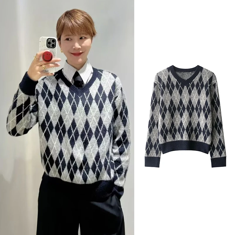 

Зимний женский свитер, пуловер, новинка 2025 года, модный свободный теплый элегантный пуловер в клетку с бриллиантами, шикарный уличный женский зимний свитер