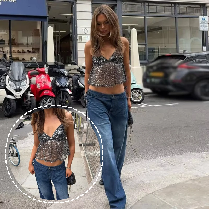 

Sequins V Neck Camisole Women Clothing Sexy Backless Summer Street Korean Popular Clothes Hottie Classic Tops Clothes For Woman