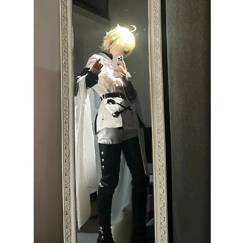 kmn2 Anime Seraph of The End Mikaela Hyakuya Cosplay Costume White Uniform Cloak Wig Halloween Party Cos for Men p;,l2