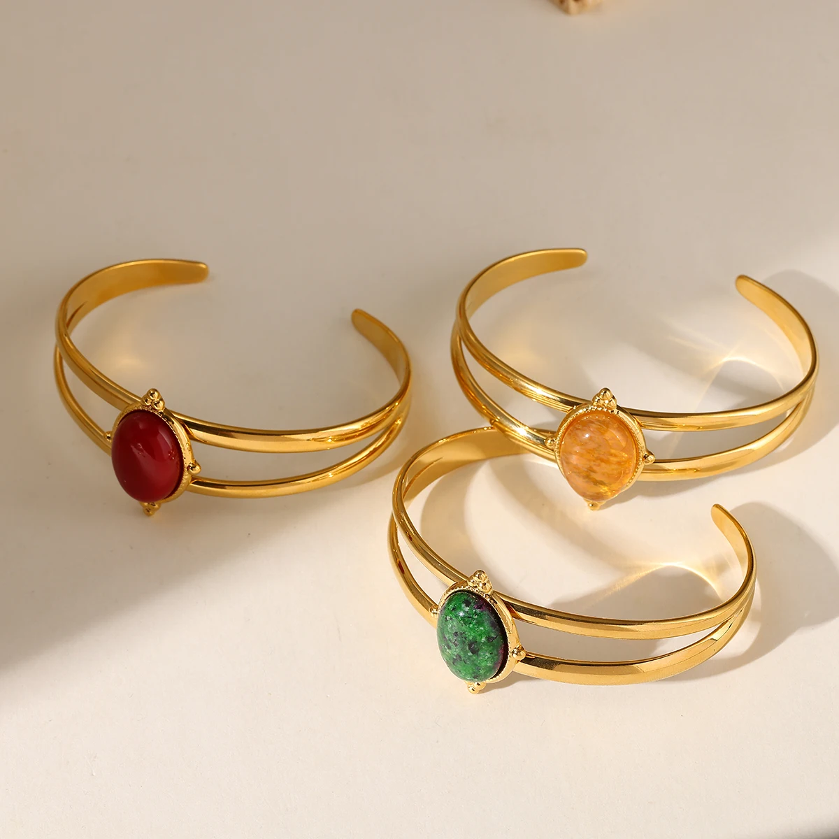 

Adjustable Geometric Charm Bangle For Women Trendy 304 Stainless Steel Natural Stone C-Shape Cuff Bracelet Gemstone Jewelry Gift