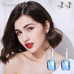 Exquisite Blue Crystal Dangle Piercing Earrings for Women Squares Zirconia Wedding Engagement Jewelry for Bridal Fashion Jewelry