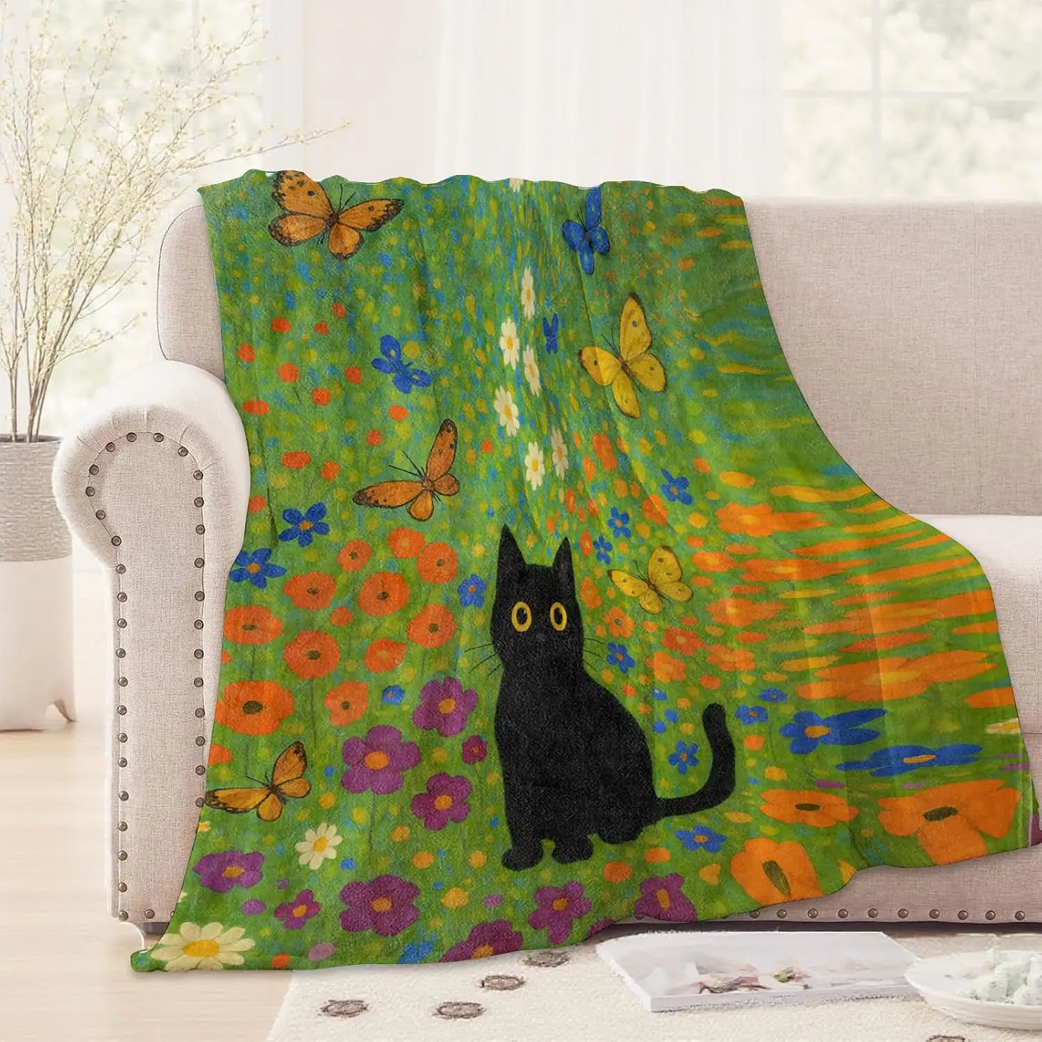 Garden Black Cat Flannel Throw Blanket Colorful Wildflower Butterfly Print Soft Warm Blanket for Sofa Bedroom Cat Lover Gift