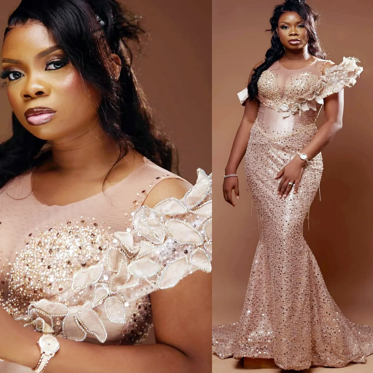 

African Plus Size Mermaid Evening Dresses 2026 Beaded Sheer Neck 3D Floral Appliques Formal Party Gowns With Train Customized