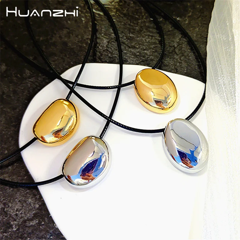 HUANZHI Smooth Oval Irregular Metal Necklace for Women Girls Leather Rope Chain Fashion Design Collar Chain Party Jewelry Gifts