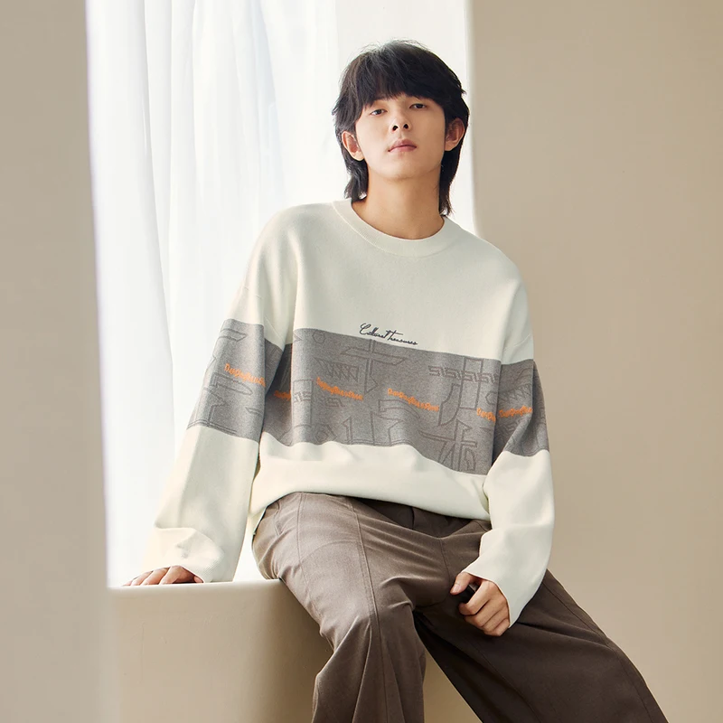 Semir Sweater Men Winter Korean Style Knitted Sweater Contrasting Color Splicing Embroidered Jacquard Sweater