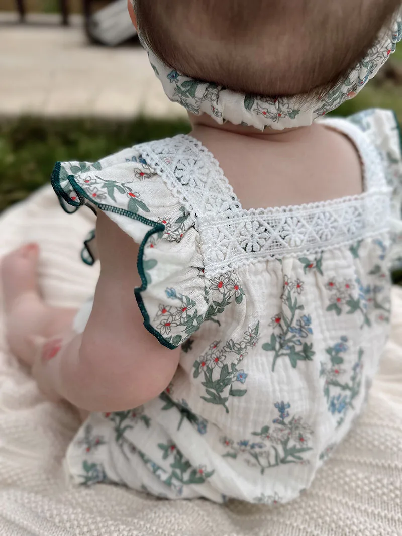 MILANCEL New Summer Baby Girls Rompers One-Pieced Toddler Sweet Green Floral Jumpsuit with Hairband Infant Outwear Outfits