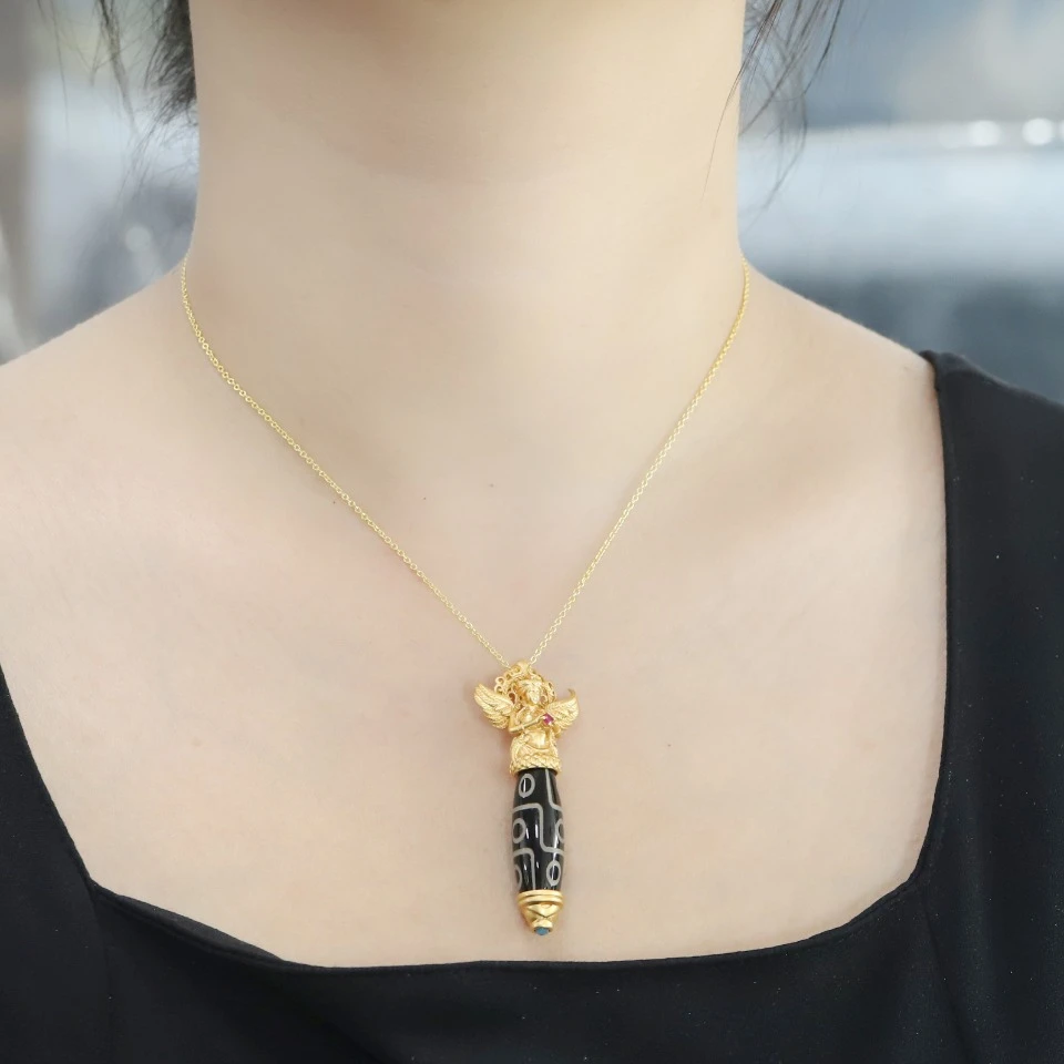 Tibetan Buddhism Black Agate Goddess Statue 9 Eye Dzi Bead Pendant Necklace  24k Copper Gold Plated Jewellery Women Fine Jewelry