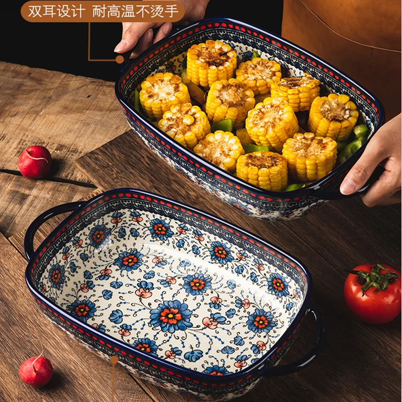Polish Double-eared Rectangular Baking Pan Ceramic Baking Pan Handle Bowl Household Oven Microwave Dinner Set Plates and Dishes