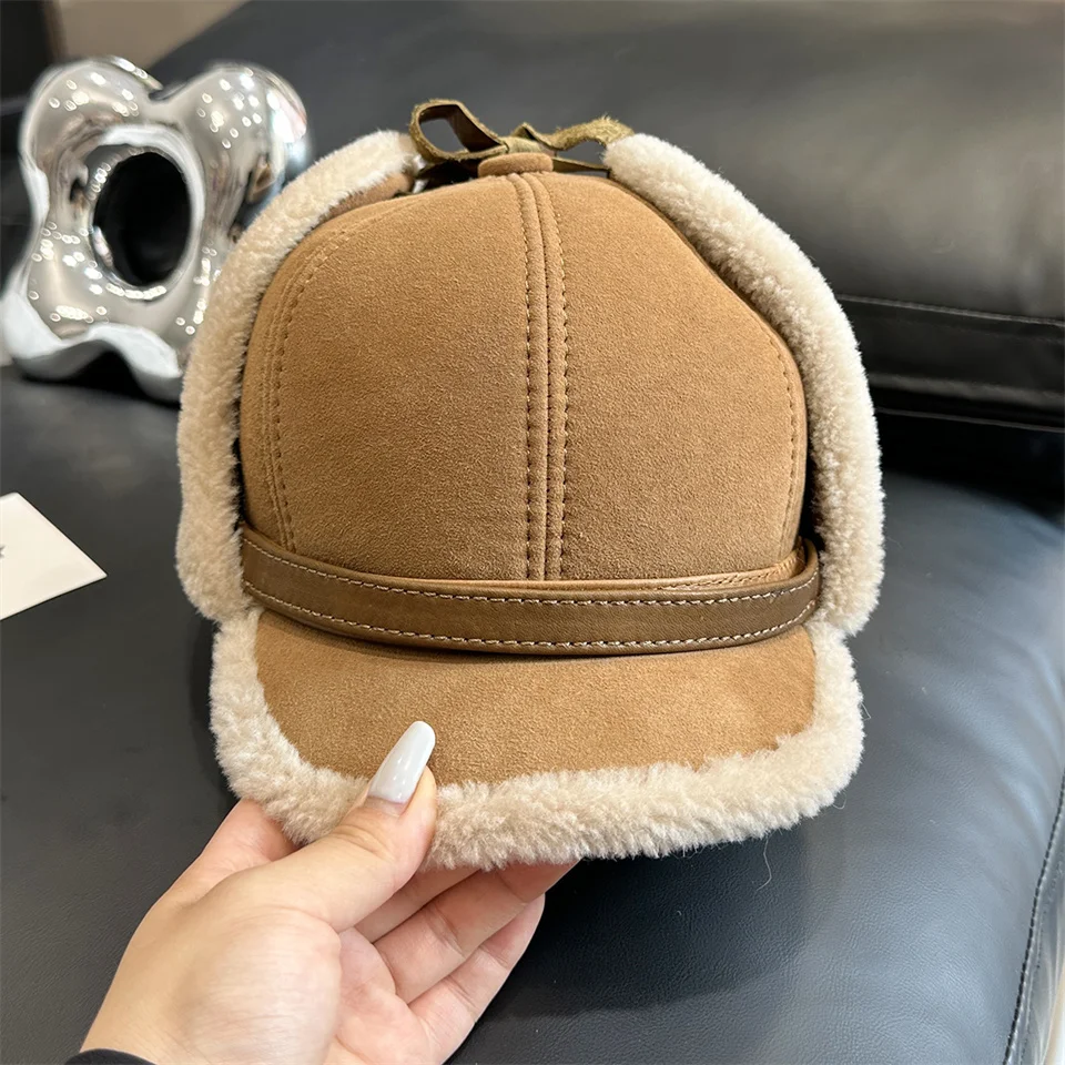 Neue Winter Herren Echtleder-Mütze mit Lammfell, Warme Dicke Ohrenklappe, Herren-Baseballkappe aus Schafsfell, Russische Mütze – Detail 2