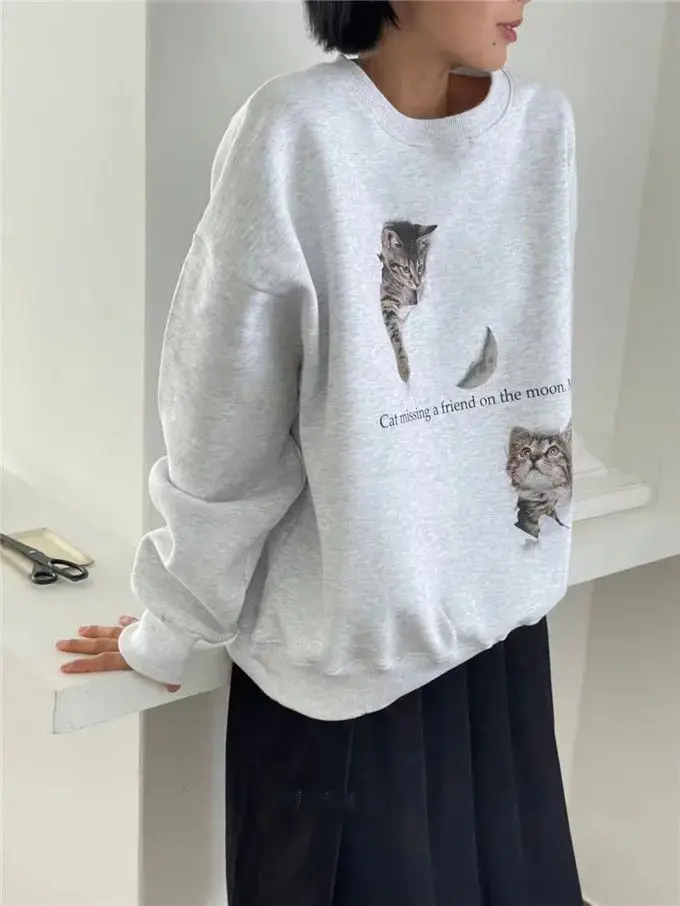 

2025 Autumn-Winter Early Autumn New Style Cat Print Round-neck Sweater for Women