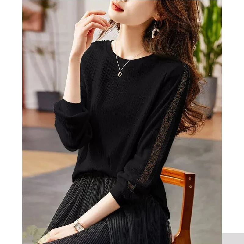 Women Stylish Hollow Out Lace Patchwork Black White Elegant T-shirt Casual O Neck Long Sleeve Loose Pullover Tops Ropa De Mujer