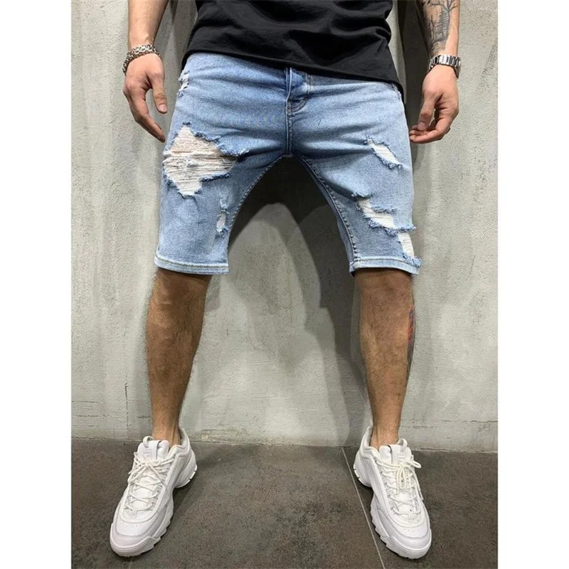 Fashion Broken Holes Denim Shorts Male Trend Streetwear Men Solid Color Jeans Summer Daily Casual Sports Tight Five-piece Pants