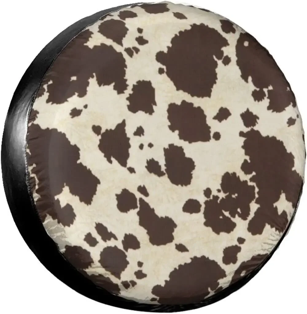 Brown Cowhide Print Spare Tire Cover Waterproof Universal Wheel Cover Dust-Proof Tire Wheel Protector 14