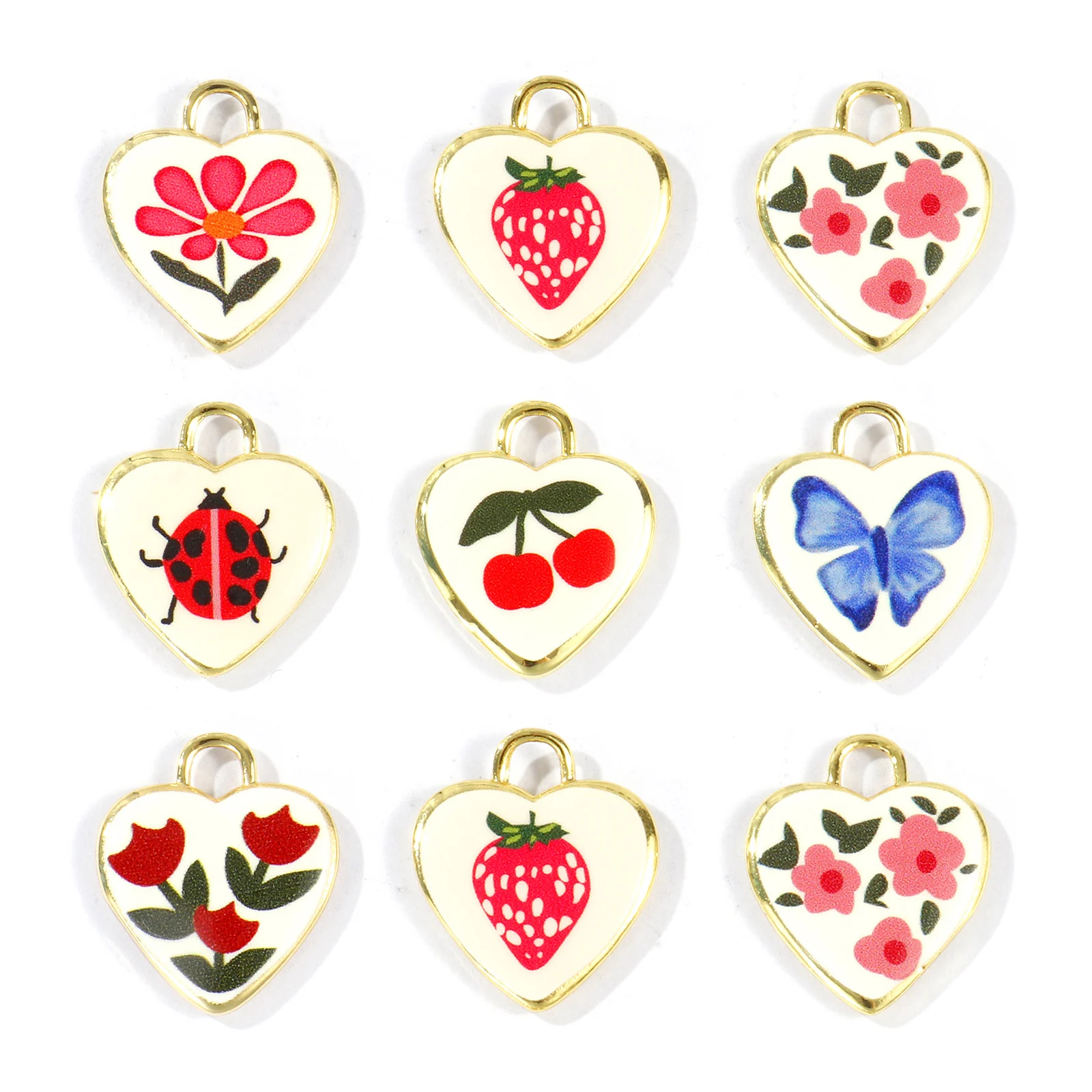 2pcs Brass Charms 18K Gold Plated Valentine's Day Heart Multicolor Flower Strawberry Printed Pendants DIY Women Necklace Jewelry