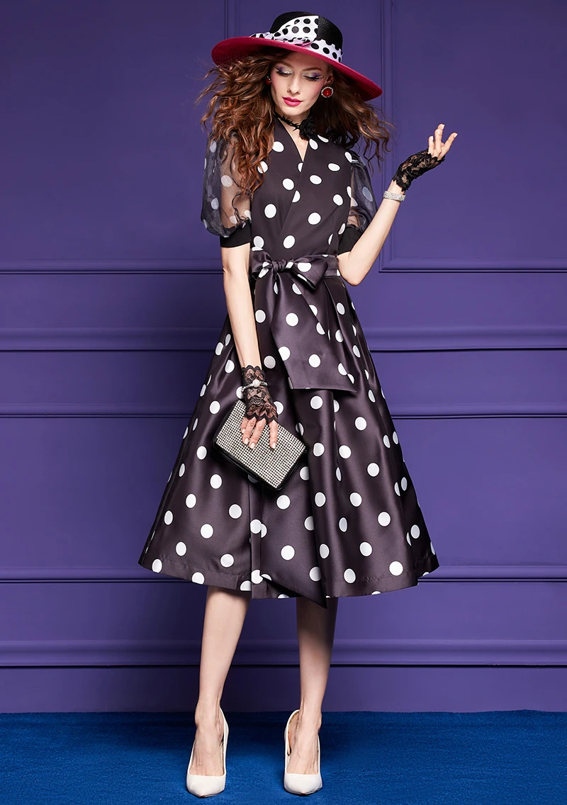 ZJYT Designer Summer Polka Dot Print Dress Women 2024 Fashion Short Sleeve Vintage Midi Prom Party Dresses Black Aline Vestidos