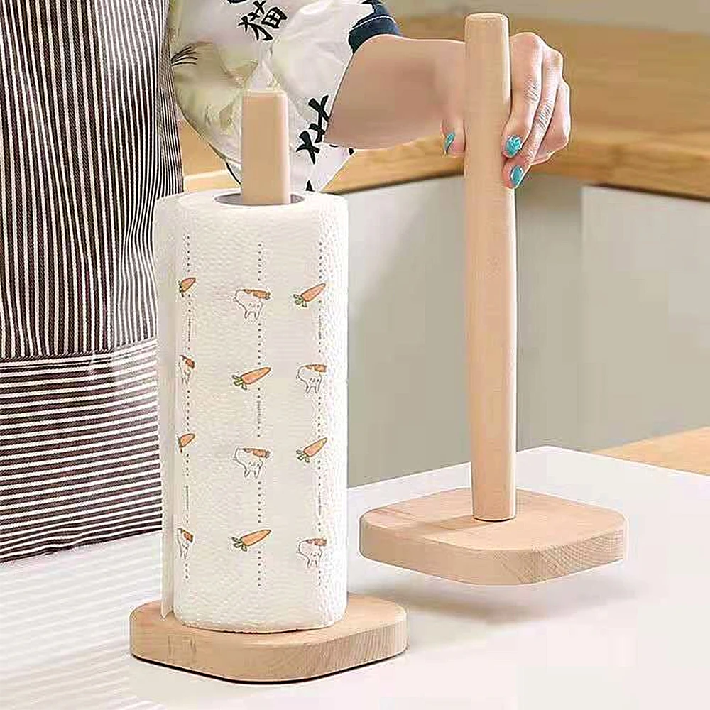 1pcs Kitchen Wooden Roll Paper Towel Holder Bathroom Tissue Vertical Stand Disposable Paper Pot Kitchen Toilet Storage Accessory