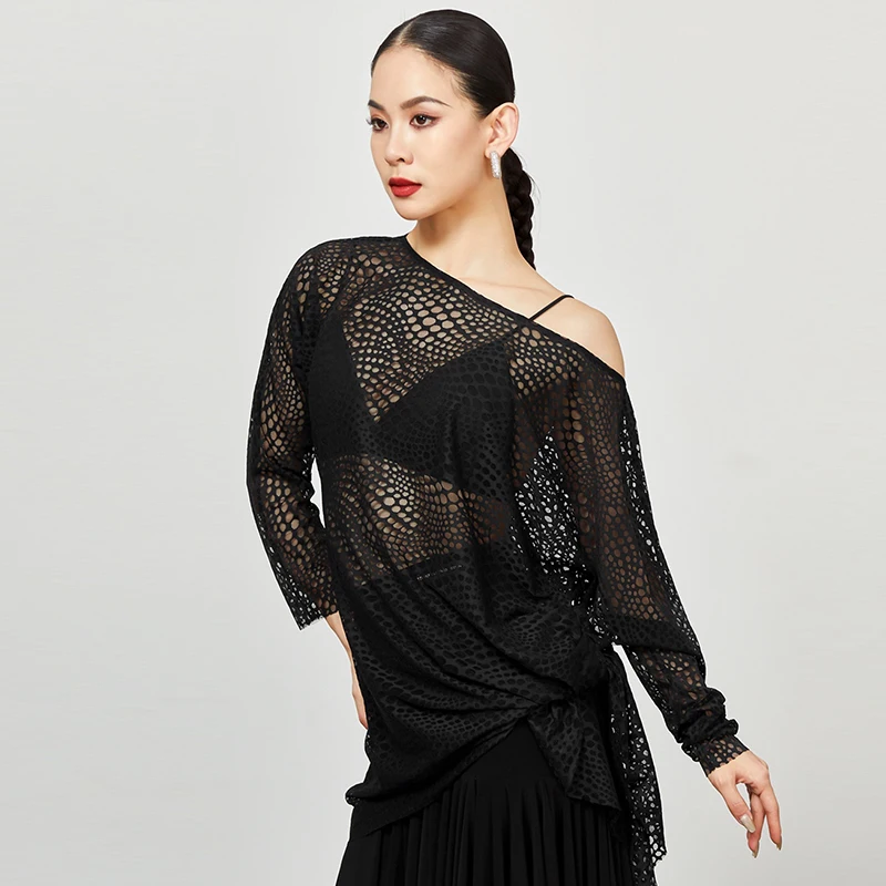 Women Off-Shoulder Latin Dance Tops Black Loose Irregular Dancewear Ballroom Dance Practice Wear ChaCha Dancing Clothing DL1147