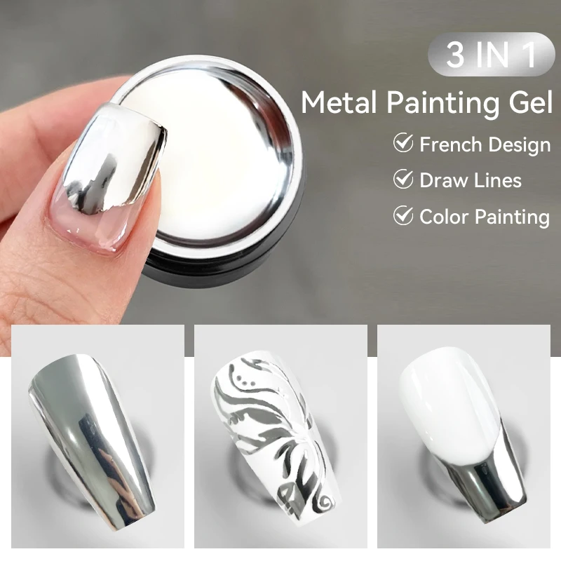 LILYCUTE 7ml Super-Bright Metallic Painting Gel Nail Polish French Style Chrome Silver Mirror Effect Drawing Line Nail Varnish