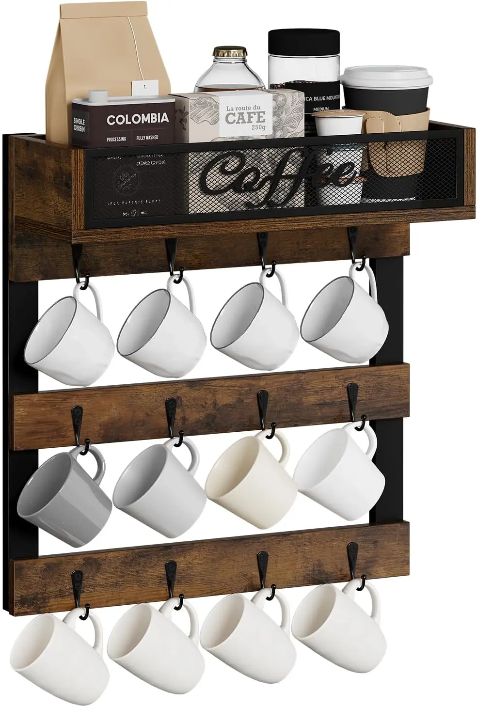 

Coffee g Holder with 12 Hooks, Coffee Cup Holder Wall Mounted with Top Shelf, g Organizer for Home Kitchen, Brown