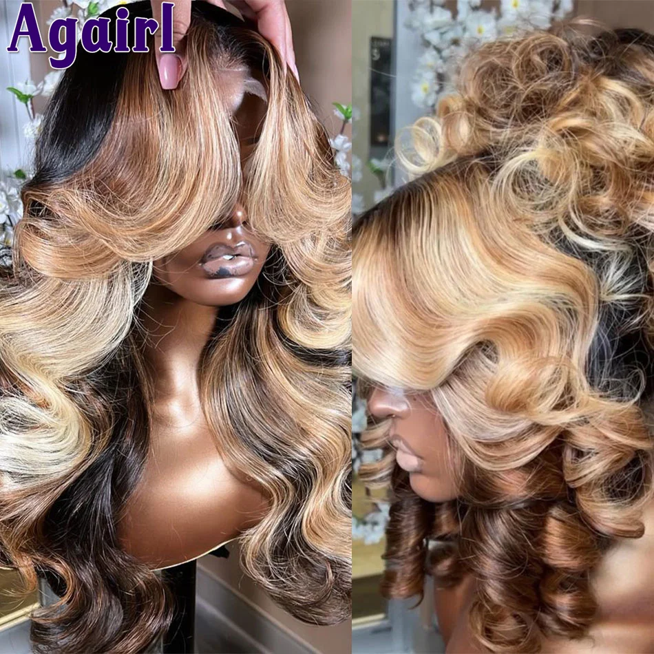 180% Highlight Honey Blonde With Black Glueless Wavy Human Hair Wigs Body Wave Transparent 13x6 13x4 Lace Frontal Wig PrePlucked