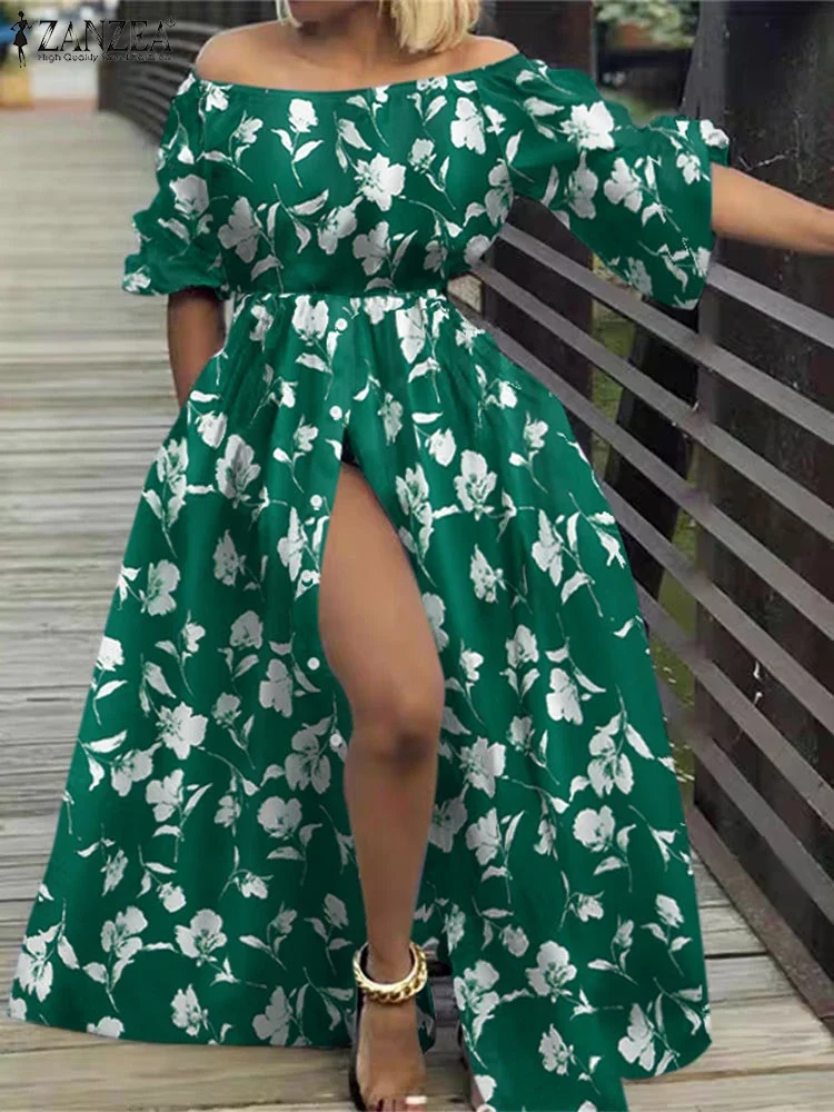 ZANZEA-Vestidos largos bohemios para mujer, vestido veraniego con estampado Floral, bata con hombros descubiertos, Vestidos largos con botones para vacaciones 2025
