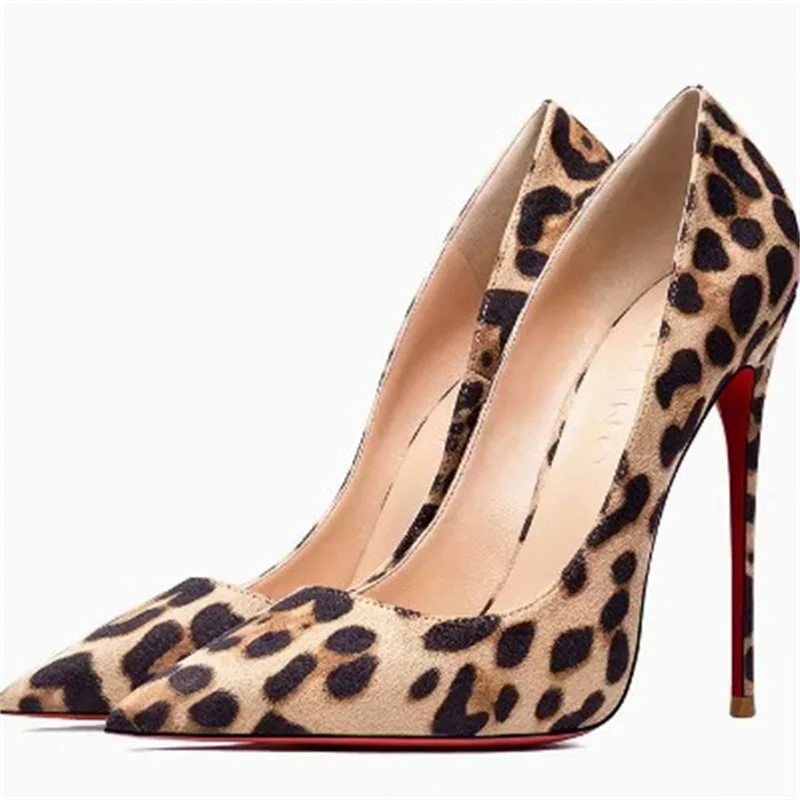 Spring New Red Sole High Heels Women\'s Thin Heels Shallow Mouth French Sexy Leopard Print Mesh Red Single 34-44