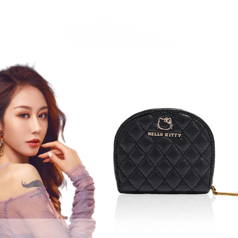 Sanrio Hello Kitty Mini Porta carte di moda Portafoglio Versatile Nero Semplice Griglia di diamanti Borsa per carte di lusso leggera Portafoglio di nicchia di fascia alta