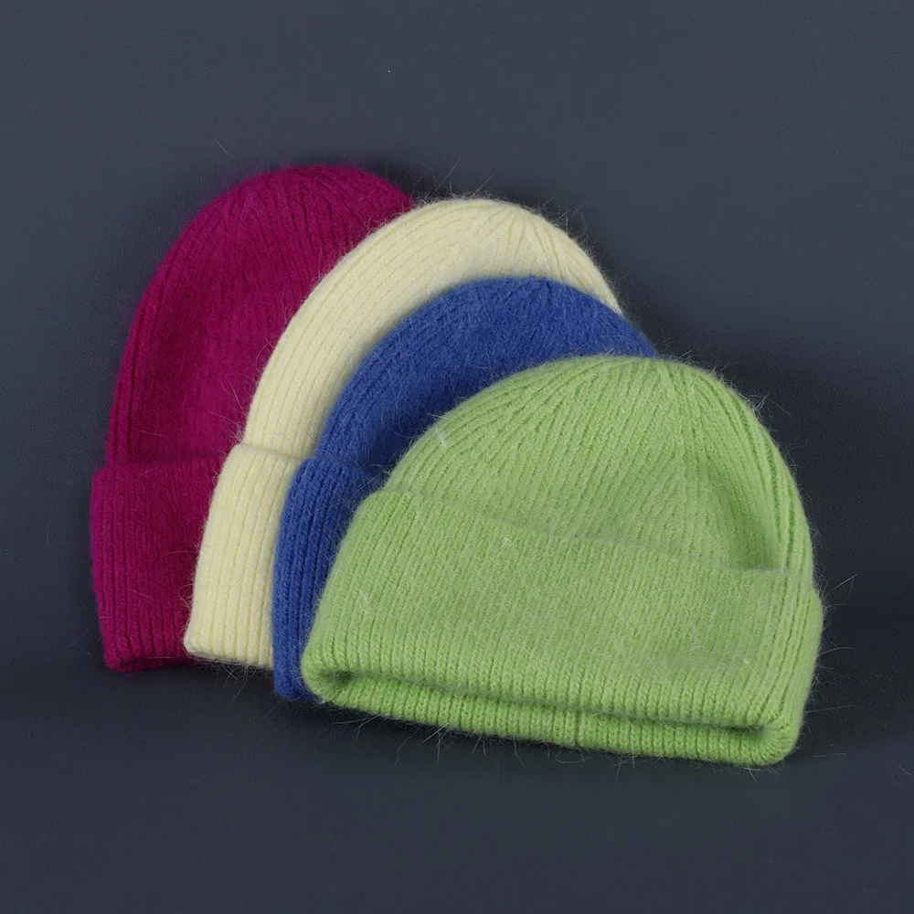 Kaninchenfell Mützen Weiche warme flauschige Wintermütze für Frauen Angora Strickmütze Skullies Beanies Weibliche Motorhaube warme Frau Strickmütze – Detail 4